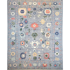 Handmade (10&#39; x 14&#39;) Blue Turkish Oushak Wool Area Rug - Veg Dye Oriental Wool Rug for Living Room - Large Lounge Rug - 10x14 Rug