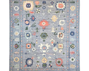 Handmade (10' x 14') Blue Turkish Oushak Wool Area Rug - Veg Dye Oriental Wool Rug for Living Room - Large Lounge Rug - 10x14 Rug