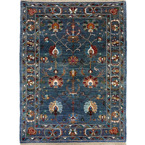 Handmade (4'1" x 5'7") Sultani Tribal Wool Rug - Blue Floral Oriental Rug - Traditional Afghan Rug - 4x6 Rug - Room Decor