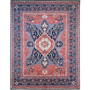 Alfombra Heriz con medallón hecha a mano (9&#39; x 12&#39;) - Alfombra tribal afgana - Azul marino y rojo - Alfombra de lana teñida con vegetales orientales para sala de estar - Alfombra de 9 x 12