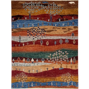 Handmade (5&#39;10&#39;&#39; x 7&#39;11&#39;&#39;) Landscape Tribal Gabbeh Art Wool Rug - Afghan Oriental Area Rug - 6x8 Rug