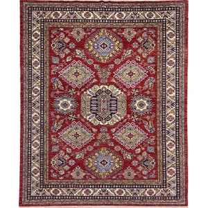 Handmade (8&#39;0&#39;&#39; x 10&#39;2&#39;&#39;) Red Kazak Tribal Afghan Wool Area Rug - Veg Dye Boho Oriental Rug for Living Room - Bedroom Rug - 8x10 Rug