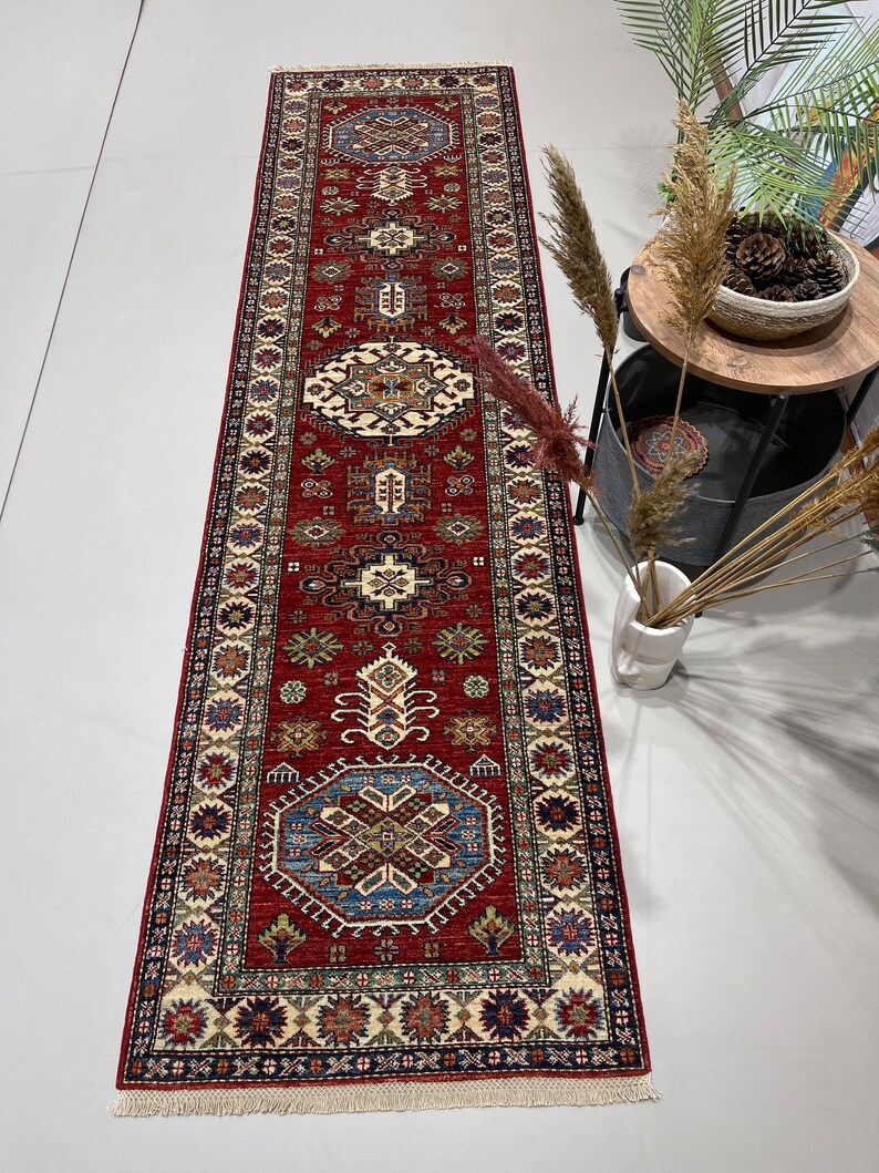 Handmade 2'7'' X 9'10'' Red Kazak Afghan Tribal Runner Rug Veg Dye