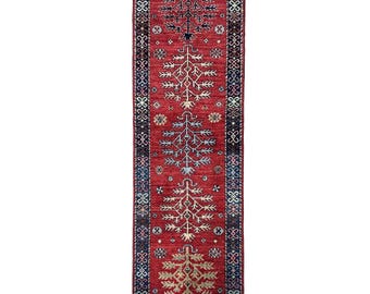 Ręcznie robiony (2'7" x 7'8") czerwony afgański dywanik wełniany plemienny do przedpokoju - dywanik do sypialni - orientalny dywanik kuchenny - dywanik do przejścia - dywanik 3x8