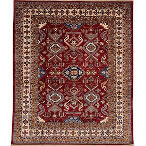 Handmade (8&#39; x 10&#39;) Red Kazak Tribal Afghan Wool Area Rug - Veg Dye Boho Oriental Rug for Living Room - 8x10 Rug
