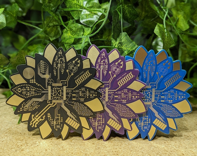 Gold Sunflower Circuit Board Coaster: Tech Accessory, Unique Gadget Gift, with Optional Cork Backing