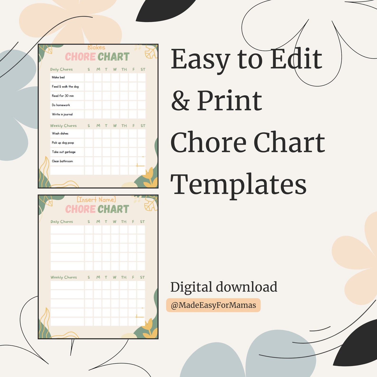 Editable &amp; Printable Chore Charts | Digital Download | Chore Template ...