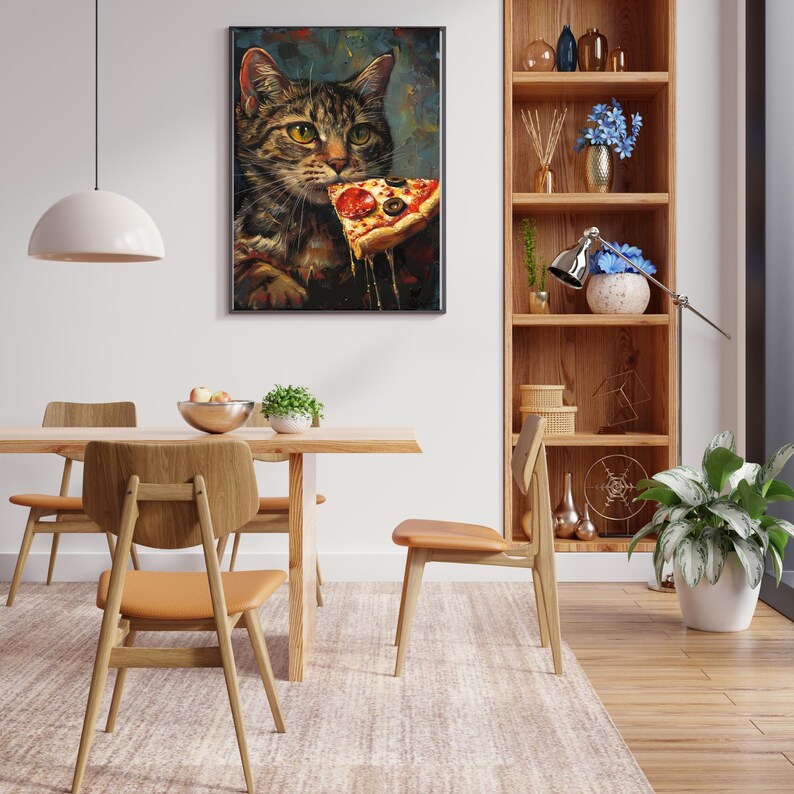 Framed Wall Art of Brown Tabby Cat eating a slice of pizza in a kitchen setting