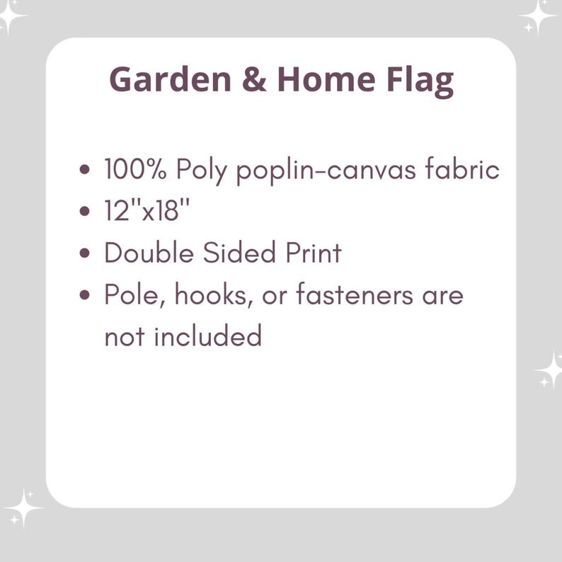 Pu&ograve; includere: Bandiera da giardino e da casa realizzata in tessuto 100% popeline di poliestere. La bandiera misura 30,5 cm x 45,7 cm e presenta una stampa fronte-retro. Asta, ganci o fissaggi non sono inclusi.