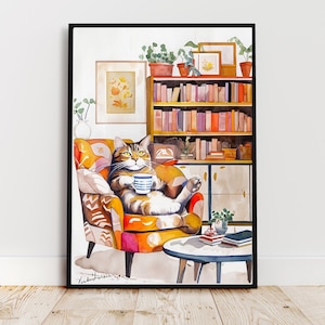 Cat Drinking Coffee Print Book Lover Cat Wall Art Whimsical Cat Print Cat Cafe Poster Mid Century Modern Tabby Cat Illustration Cat Lover
