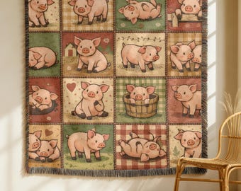 Manta tejida de cerdo de granja, manta rústica de cerdo, tapiz de animales de granja, decoración de granja campestre, regalo para amantes de los cerdos, manta de granja estilo cottagecore