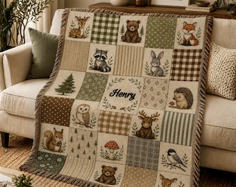 Manta tejida personalizada con diseño de bosque, manta para cuna con nombre personalizado, manta de bebé con animales del bosque, regalo de ropa de cuna neutra