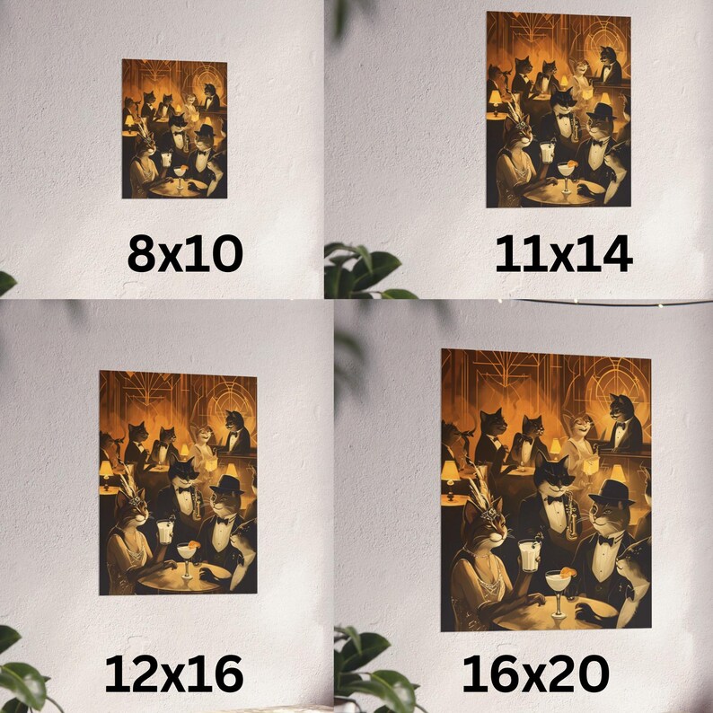 May include: A series of art prints featuring a vintage-style illustration of cats in a speakeasy setting. The prints are available in various sizes, including 8x10, 11x14, 12x16, and 16x20 inches. The artwork depicts cats in formal attire.