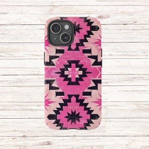Pink Aztec Protective Phone Case, iPhone 15 14 Pro Max 13 12 11 Cover Samsung 23 22 20 Phone Protector Google Pixel Case, Aztec Tough Case