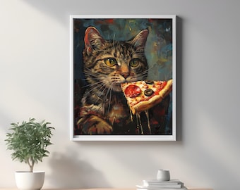 Tabby Cat Pizza Wall Art Cat Eating Pizza Print Funny Kitty Wall Art Quirky Kitchen Décor Cat Lover Gift Foodie Wall Art Restaurant Decor