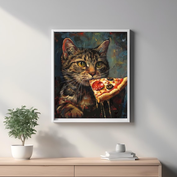 Tabby Cat Pizza Wall Art Cat Eating Pizza Print Funny Kitty Wall Art Quirky Kitchen Décor Cat Lover Gift Foodie Wall Art Restaurant Decor