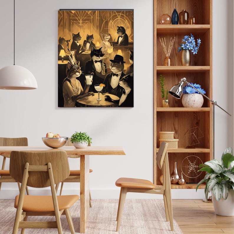 May include: A framed art print depicts a vintage scene of cats in a jazz club. The cats are dressed in formal attire, enjoying drinks and music. The artwork has a sepia tone, with gold accents, creating a retro aesthetic.