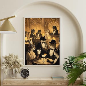 May include: A framed art print depicts a sepia-toned scene of cats in a jazz club. Cats are dressed in formal attire, some playing instruments and others enjoying cocktails. The artwork has an Art Deco style.