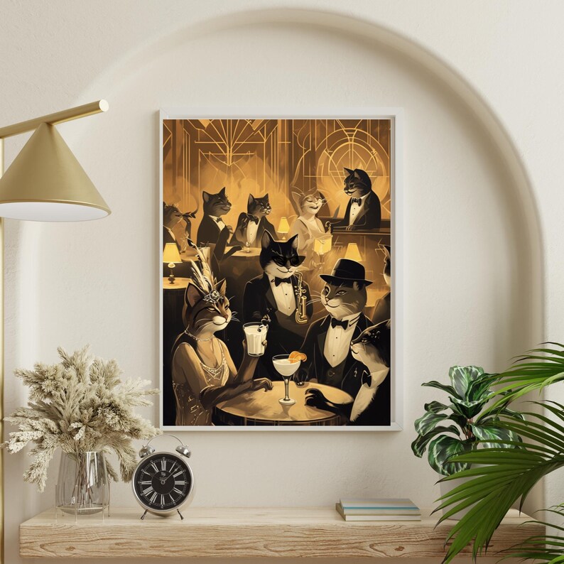 May include: A framed art print depicts a sepia-toned scene of cats in a jazz club. Cats are dressed in formal attire, some playing instruments and others enjoying cocktails. The artwork has an Art Deco style.