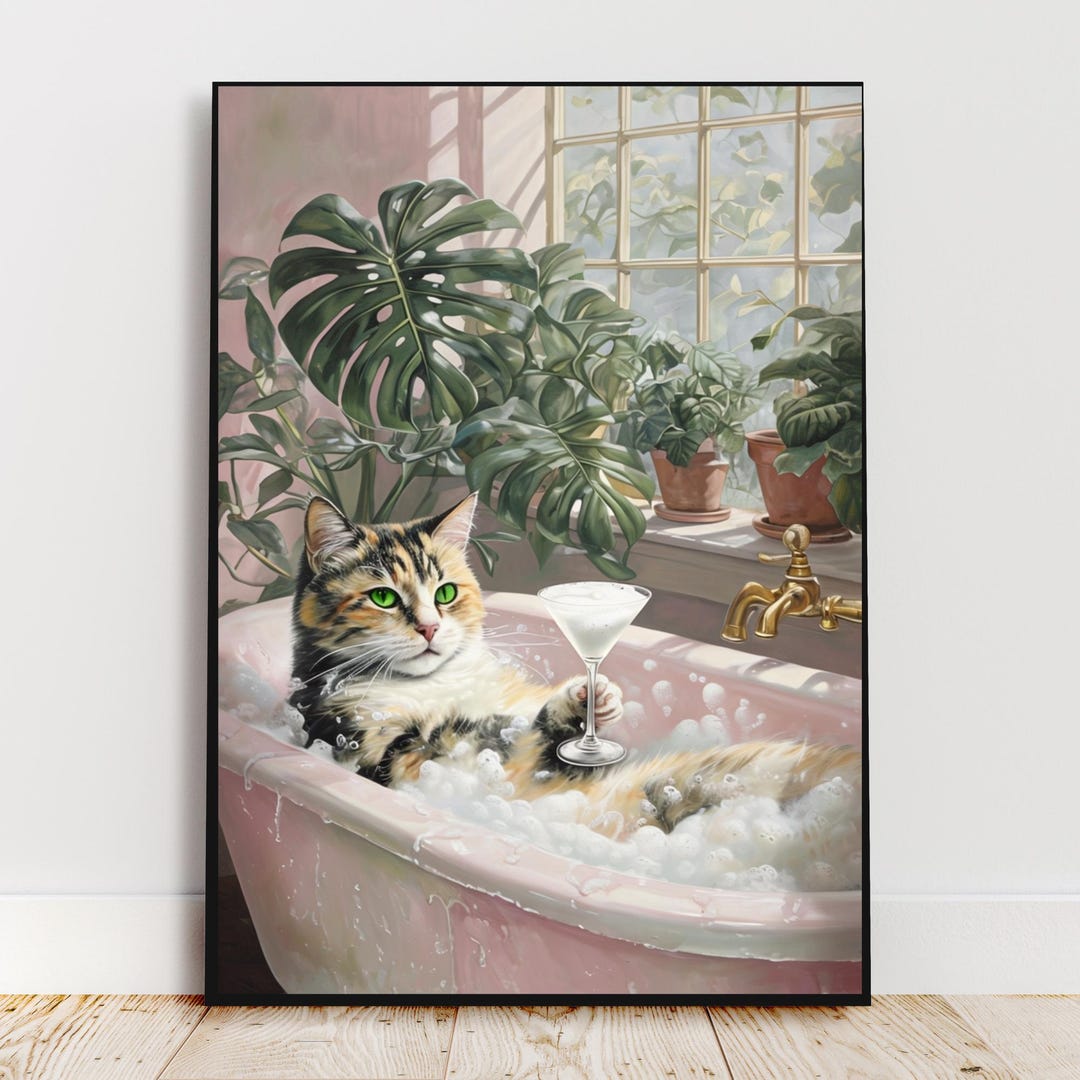 Cat in Bathtub Wall Art Funny Cat Bathroom Art Quirky Animal Wall Art ...