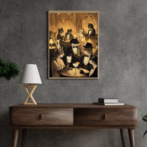 May include: A framed sepia-toned print depicts a gathering of anthropomorphic cats in a vintage bar setting. Cats in tuxedos and flapper dresses are enjoying cocktails. The artwork has a retro, art deco style.