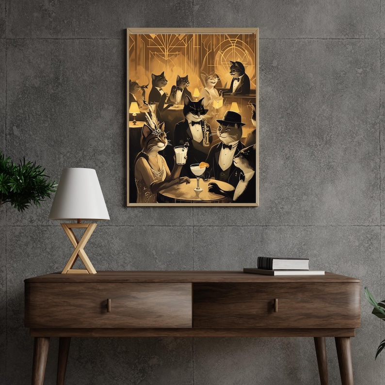 May include: A framed sepia-toned print depicts a gathering of anthropomorphic cats in a vintage bar setting. Cats in tuxedos and flapper dresses are enjoying cocktails. The artwork has a retro, art deco style.