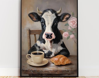 Cow Coffee Art Print Farmhouse Kitchen Wall Decor | Whimsical Cow With Coffee and Croissant Artwork | Rustic French Country Cow Lover Gift