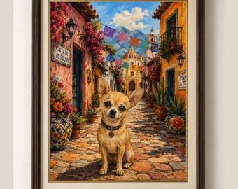 Cuadro decorativo de Chihuahua colorido, arte popular mexicano, decoración de perros, vibrante pintura callejera de Pueblo, regalo para amantes de los Chihuahuas, decoración del hogar del suroeste.