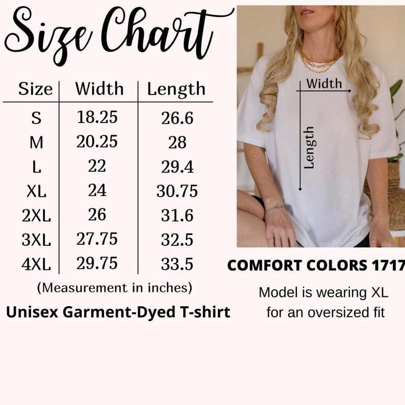 Peut inclure: Tableau des tailles pour un t-shirt unisexe teint&eacute; en pi&egrave;ce. Le tableau indique les mesures de largeur et de longueur en pouces pour les tailles S &agrave; 4XL. Le mannequin porte un t-shirt taille XL pour une coupe ample. COMFORT COLORS 1717.