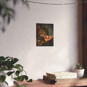 Framed Wall Art of Brown Tabby Cat eating a slice of pizza