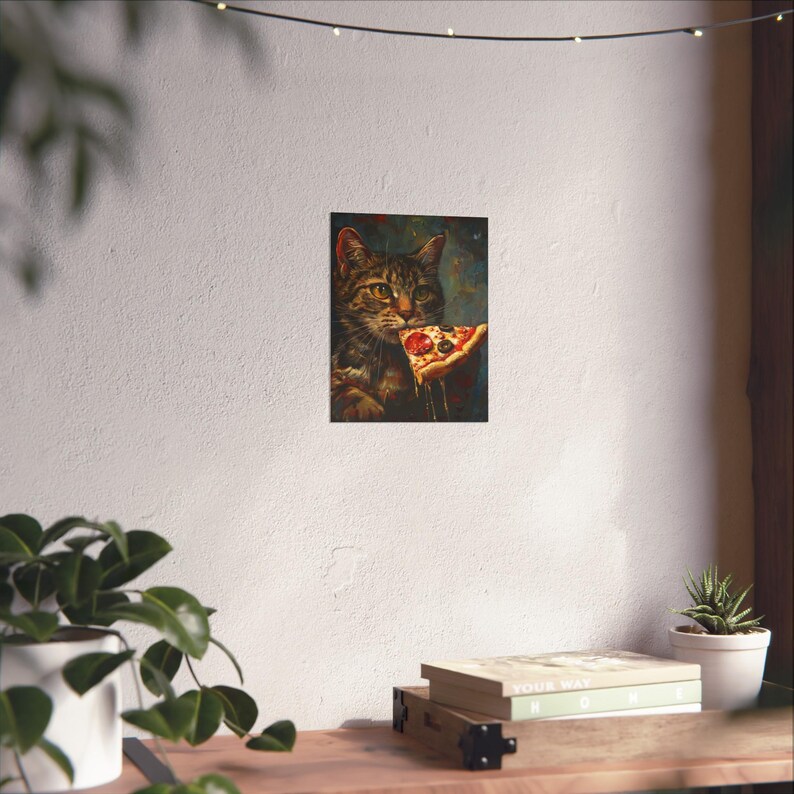 Framed Wall Art of Brown Tabby Cat eating a slice of pizza