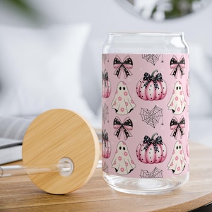 Pink Ghost Halloween Sipper Cup Coquette Ghost Glass Can Cute Pink Halloween Tumbler Iced Coffee Cup Ghost Cup Glass Soda Can