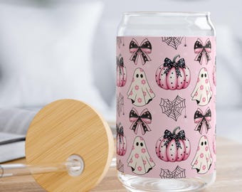 Pink Ghost Halloween Sipper Cup Coquette Ghost Glass Can Cute Pink Halloween Tumbler Iced Coffee Cup Ghost Cup Glass Soda Can
