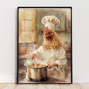 Funny Chicken Chef Kitchen Print Quirky Chicken Wall Art Unique Animal Portrait Farmhouse Poster Humorous Animal Art Rooster Kitchen Art