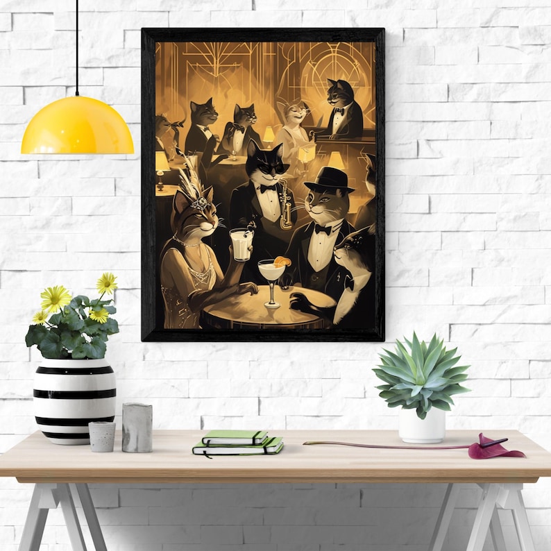 May include: A framed art print depicts a sepia-toned scene of anthropomorphic cats in a jazz club. Cats in tuxedos and flapper dresses are enjoying cocktails and music. The artwork has a vintage, art deco style.