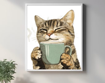 Tabby Cat Coffee Wall Art Caffeinated Cat Print Funny Cat Lover Decor Coffee Addict Gift Kitchen Art Cat Espresso Poster