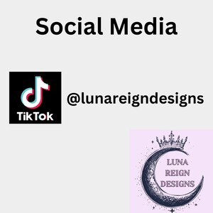 Peut inclure: Ic&ocirc;nes de m&eacute;dias sociaux pour Luna Reign Designs, avec une illustration en noir et blanc d'un croissant de lune avec une couronne et le texte "Luna Reign Designs" et un logo TikTok avec le texte "TikTok" et le nom d'utilisateur "@lunareigndesigns".