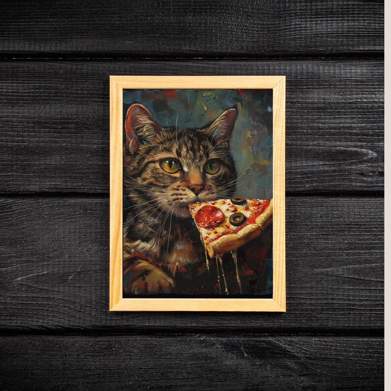 Framed Wall Art of Brown Tabby Cat eating a slice of pizza
