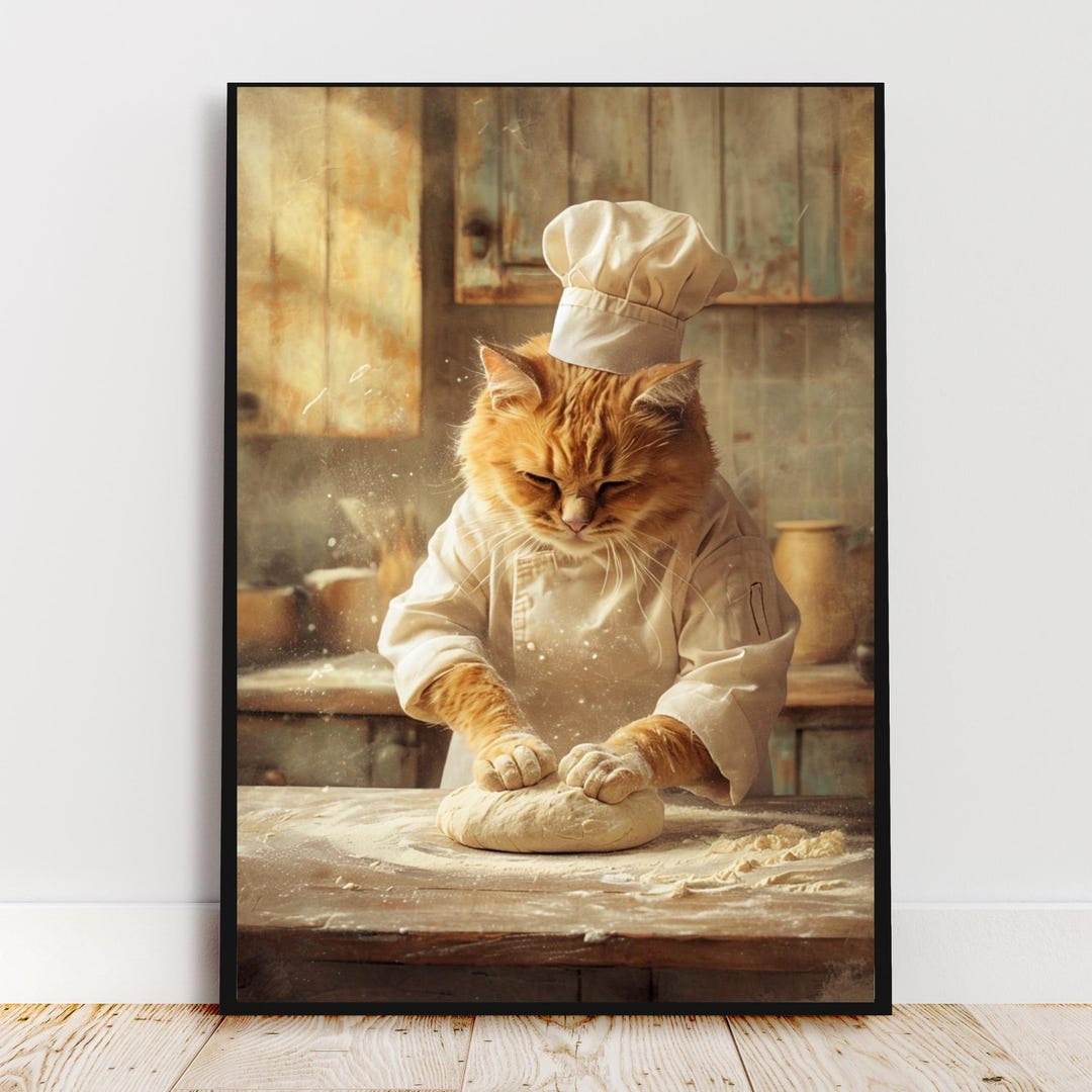 Tabby Cat Making Biscuits Wall Art Funny Cat Chef Wall Decor Orange Cat ...