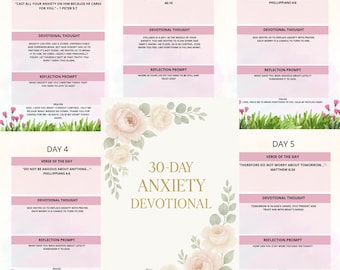 Diario devocional cristiano de 30 días para la ansiedad, versículos bíblicos, indicaciones guiadas, oración, imprimible, libro de ejercicios digital de salud mental basado en la fe.