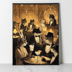 May include: A framed art print depicts a speakeasy scene with anthropomorphic cats. Cats in tuxedos and flapper dresses are gathered around tables, some with cocktails. The artwork has a sepia tone, with Art Deco-style architectural details in the background.