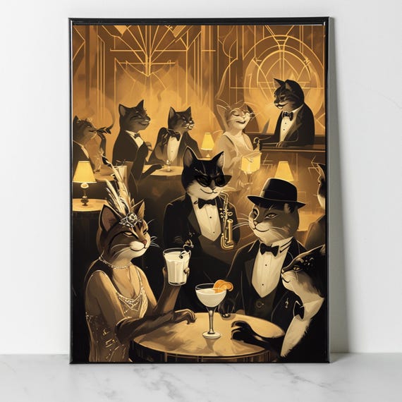 Cat Speakeasy Wall Art | Prohibition Era 1920s Jazz Age Cat Print | Vintage Art Deco Bar Poster Funny Cat Kitchen Art Cat Cafe Print