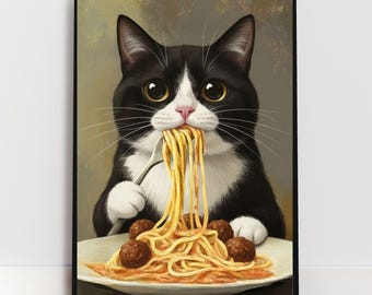 Tuxedo Cat Eating Spaghetti Wall Art | Funny Cat Kitchen Decor | Cute Foodie Cat Illustration | Pasta Lover Print | Whimsical Cat Artwork