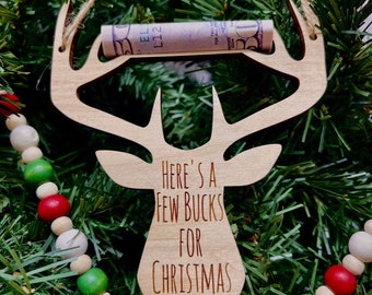 Wooden Buck Cut Out Christmas Cash Holder Ornament - Here's a few bucks for Christmas - Deer Gift