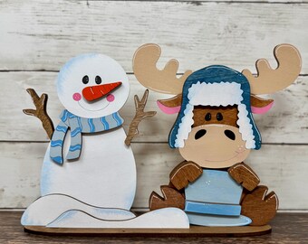 Moose & Snowman Winter Decor | Laser Cut Wooden Rustic Wildlife Home Accent