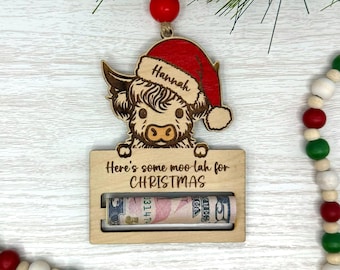 Personalized Highland Cow Christmas Cash Holder - Highland Cow Cash Holder - Money Holder - Engraved - Here's some Moo-lah for Christmas