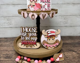 Moose Themed Valentine's Day Tiered Tray Set | Tiered Tray Mini Seasonal Decor Bundle