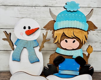 Laser-Cut Highland Cow and Snowman Wooden Decor | Winter Beanie & Hat Design | 11" x 13"