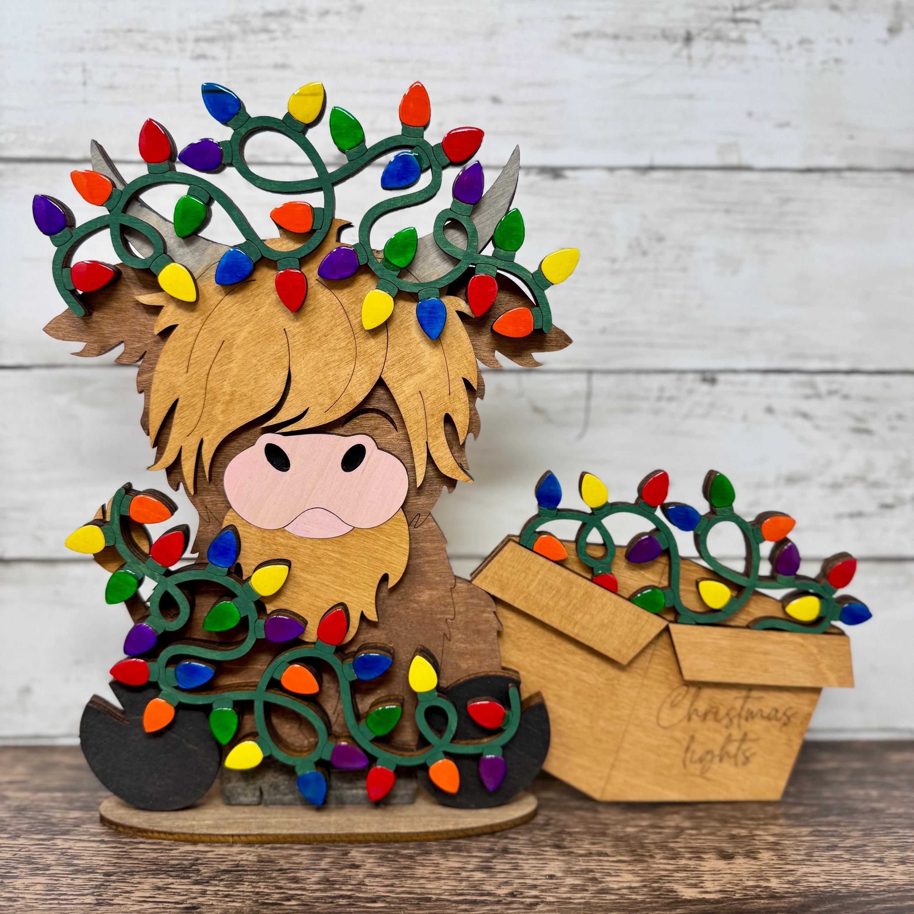 Highland Cow Christmas Wall Decor – Laser Cut Rustic Farmhouse Sign – Wooden Holiday Cow Ornament with Festive Lights