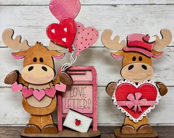 Valentine's Day Moose Decor | Wooden Heart Balloons & Chocolates | Sold Individually or as a Pair